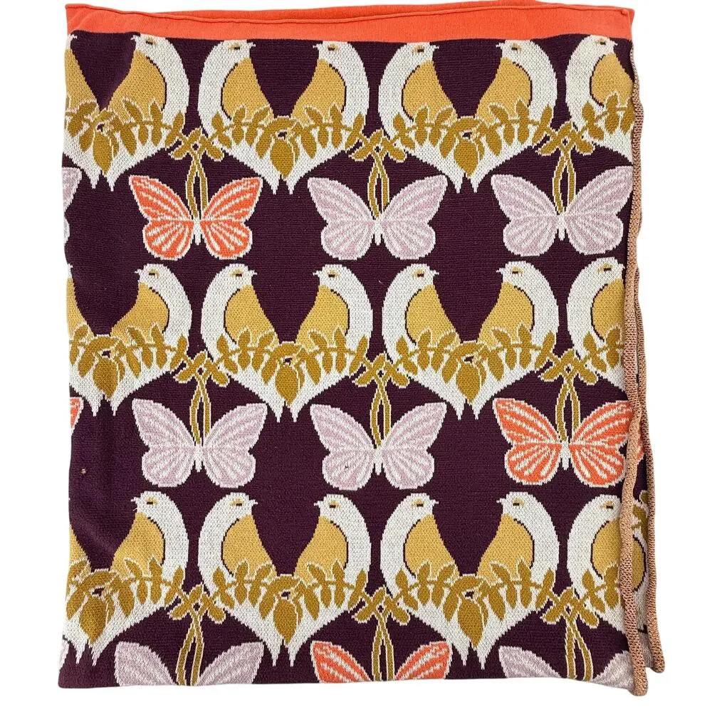 Anthropologie Love Birds Butterfly Knit Throw Blanket 60x52 Plum Orange